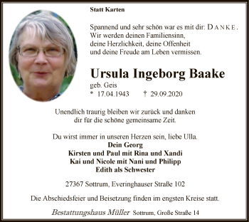 Traueranzeige von Ursula Ingeborg Baake von SYK