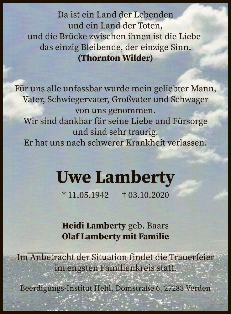  Traueranzeige für Uwe Lamberty vom 10.10.2020 aus SYK
