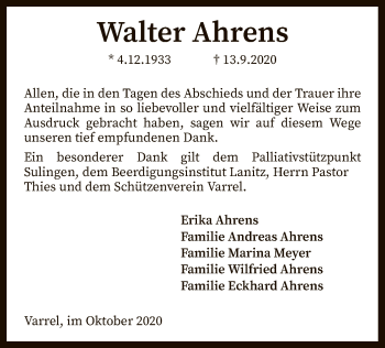 Traueranzeige von Walter Ahrens von SYK