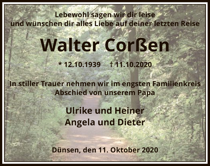  Traueranzeige für Walter Corßen vom 17.10.2020 aus SYK