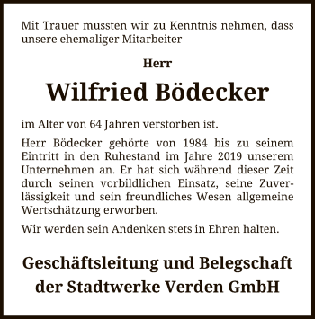 Traueranzeige von Wilfried Bödecker von SYK