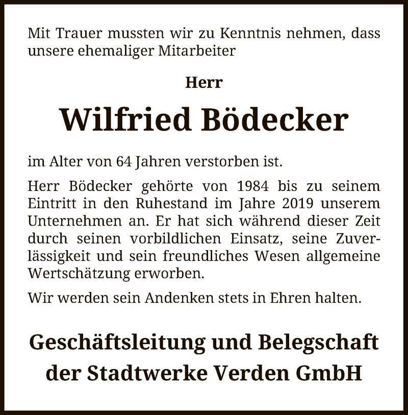  Traueranzeige für Wilfried Bödecker vom 24.10.2020 aus SYK