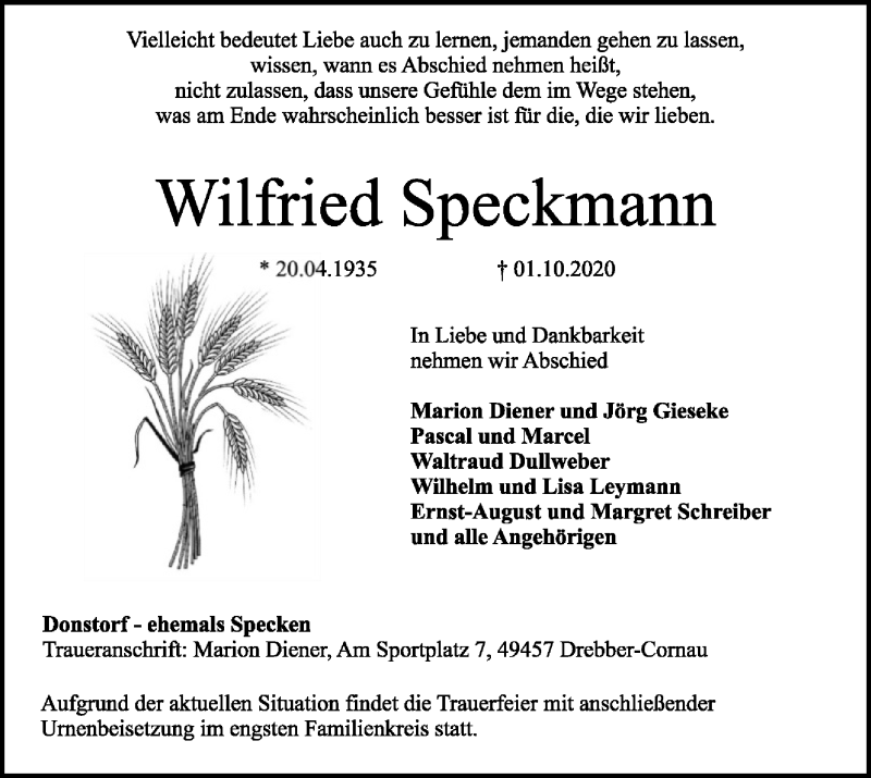  Traueranzeige für Wilfried Speckmann vom 05.10.2020 aus SYK