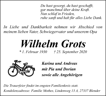 Traueranzeige von Wilhelm Grots von SYK