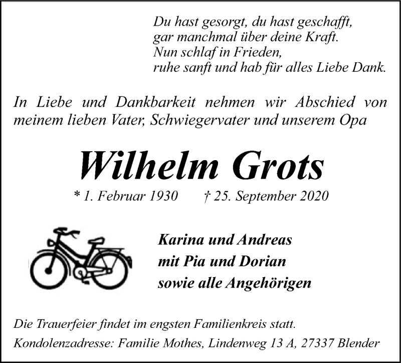  Traueranzeige für Wilhelm Grots vom 02.10.2020 aus SYK