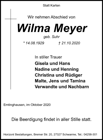 Traueranzeige von Wilma Meyer von SYK