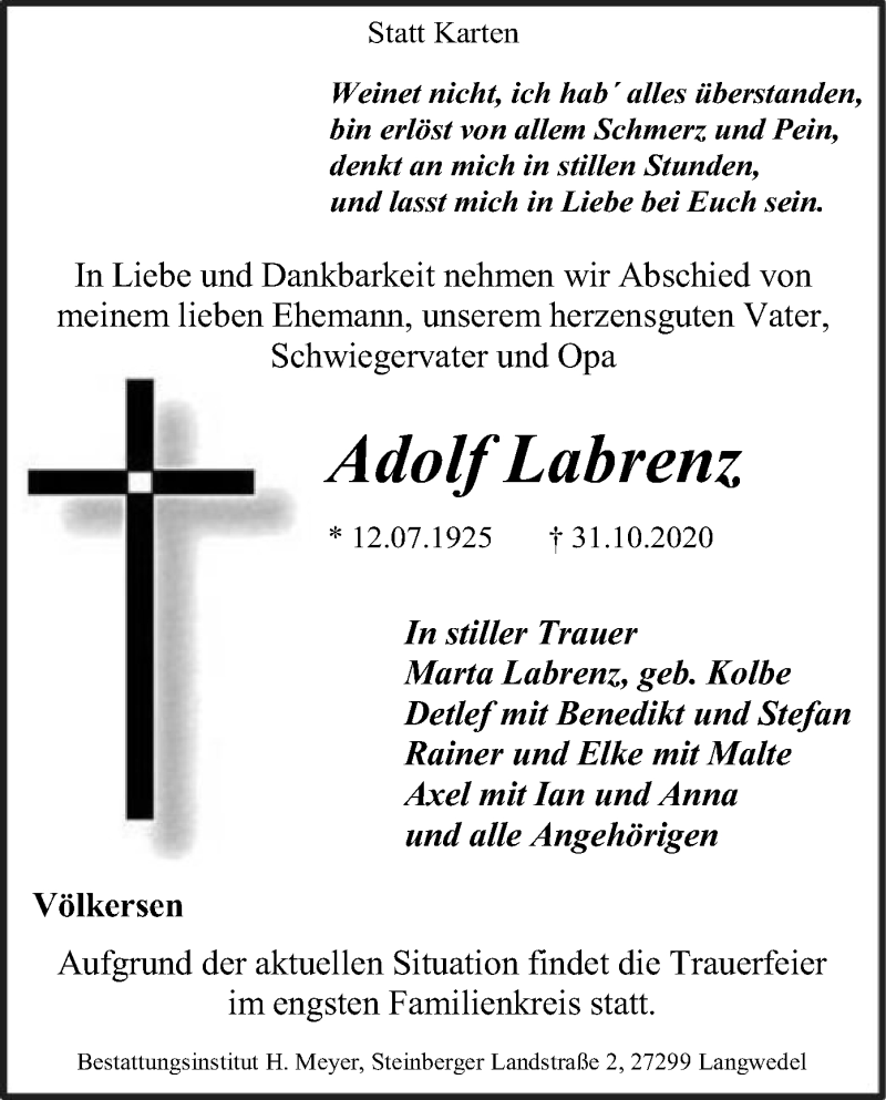  Traueranzeige für Adolf Labrenz vom 07.11.2020 aus SYK