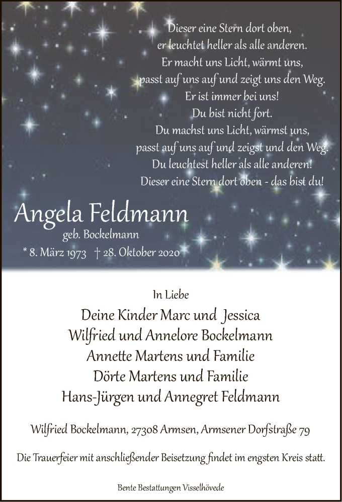  Traueranzeige für Angela Feldmann vom 02.11.2020 aus SYK