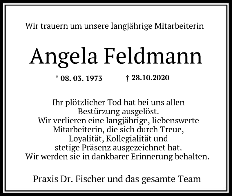 Traueranzeige für Angela Feldmann vom 03.11.2020 aus SYK