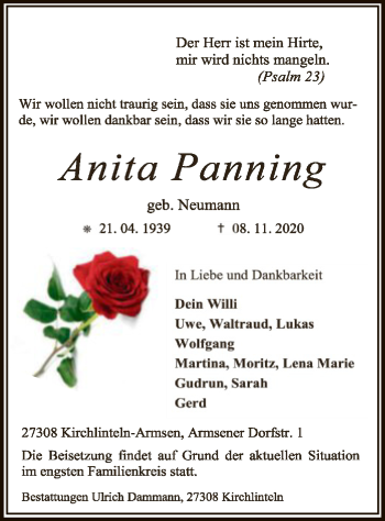 Traueranzeige von Anita Panning von SYK