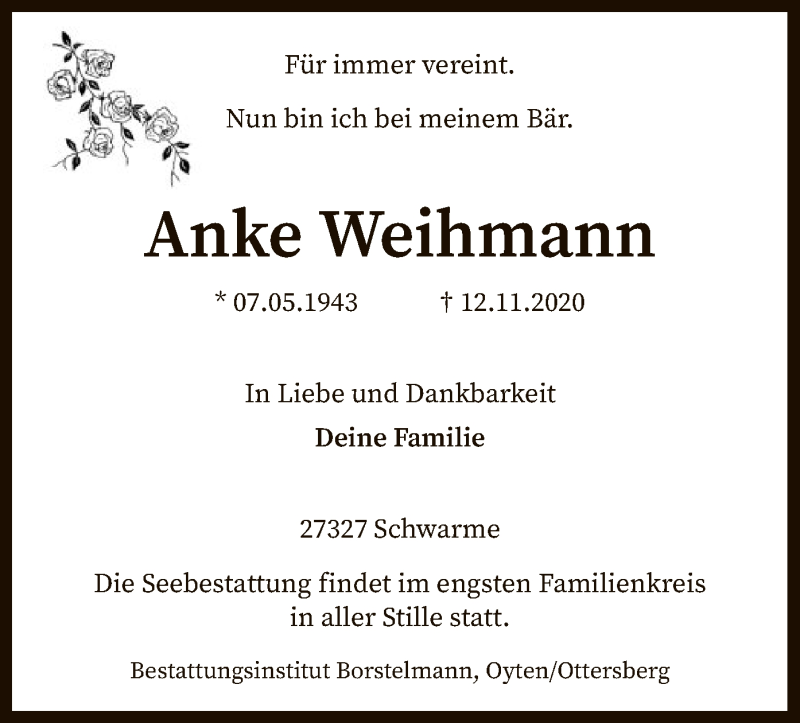  Traueranzeige für Anke Weihmann vom 21.11.2020 aus SYK