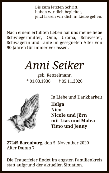 Traueranzeige von Anni Seiker von SYK