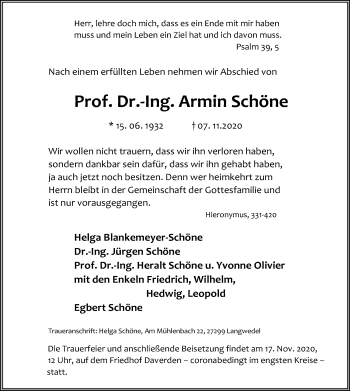 Traueranzeige von Armin Schöne von SYK