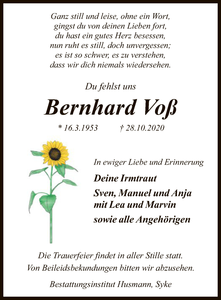  Traueranzeige für Bernhard Voß vom 03.11.2020 aus SYK