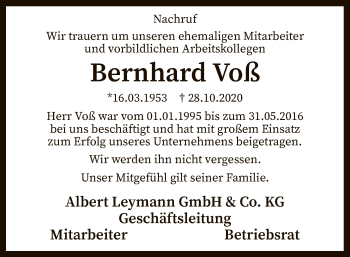 Traueranzeige von Bernhard Voß von SYK