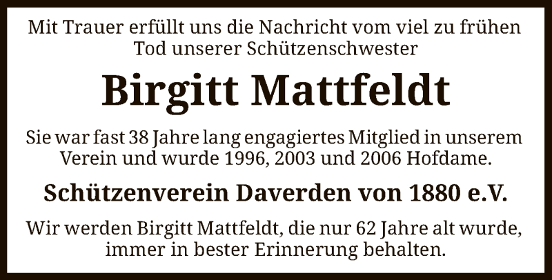  Traueranzeige für Birgitt Mattfeldt vom 04.11.2020 aus SYK