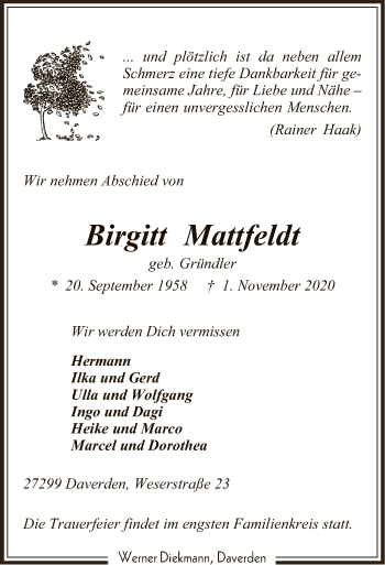 Traueranzeige von Birgitt Mattfeldt von SYK