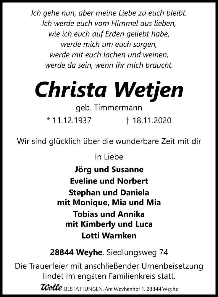  Traueranzeige für Christa Wetjen vom 24.11.2020 aus SYK