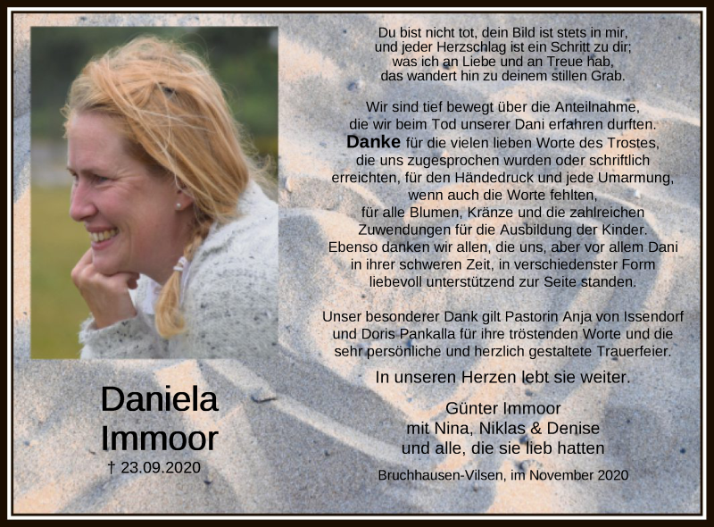  Traueranzeige für Daniela Immoor vom 07.11.2020 aus SYK