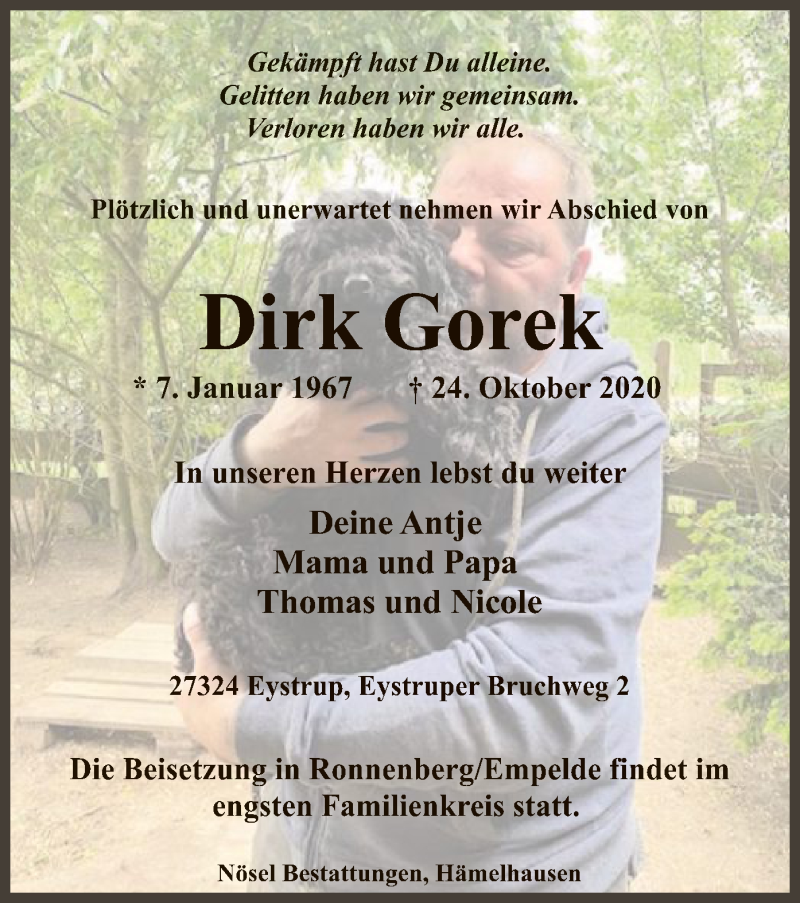  Traueranzeige für Dirk Gorek vom 03.11.2020 aus SYK