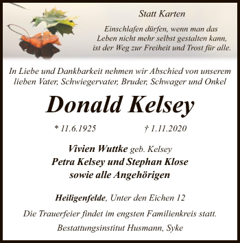 Traueranzeige von Donald Kelsey von SYK