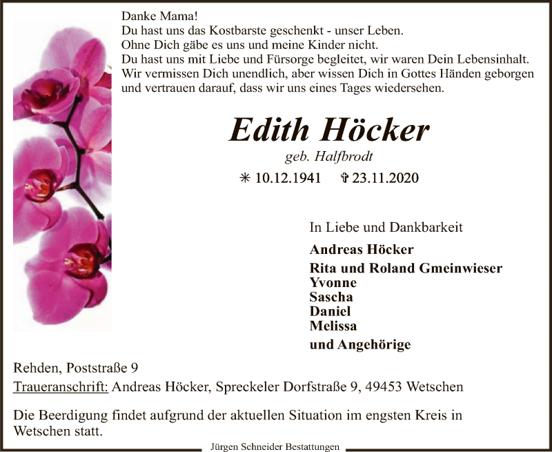  Traueranzeige für Edith Höcker vom 26.11.2020 aus SYK