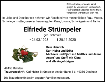 Traueranzeige von Elfriede Strümpeler von SYK