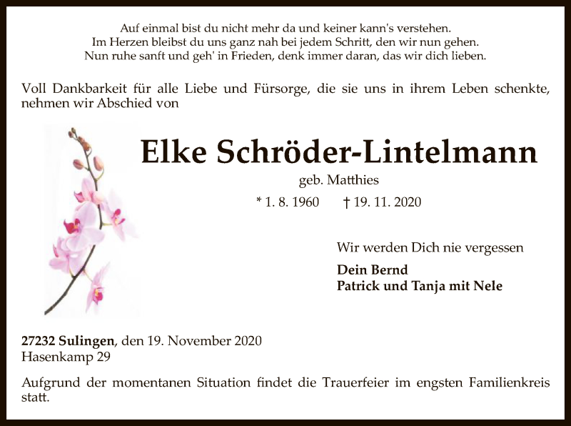  Traueranzeige für Elke Schröder-Lintelmann vom 24.11.2020 aus SYK