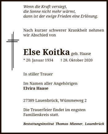 Traueranzeige von Else Koitka von SYK