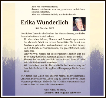 Traueranzeige von Erika Wunderlich von SYK