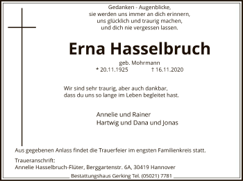 Traueranzeige von Erna Hasselbruch von SYK