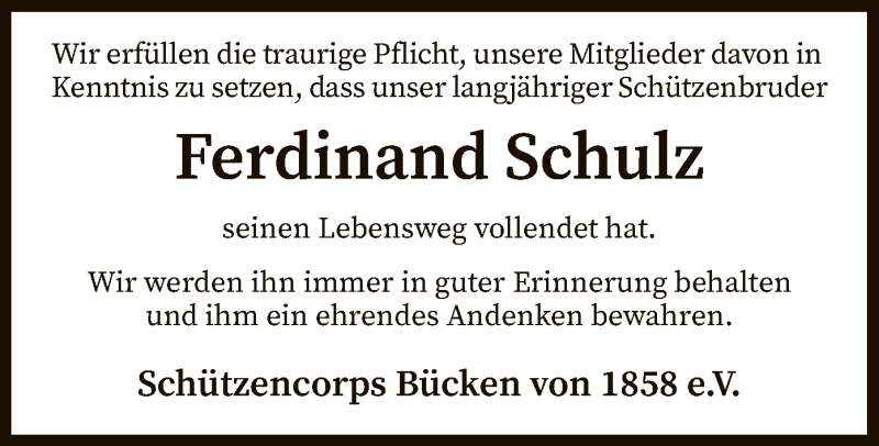  Traueranzeige für Ferdinand Schulz vom 11.11.2020 aus SYK