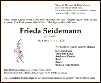 Traueranzeige von Frieda Seidemann von SYK