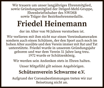 Traueranzeige von Friedel Heinemann von SYK