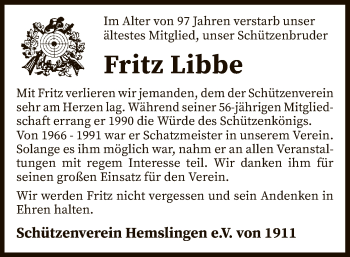 Traueranzeige von Fritz Libbe von SYK