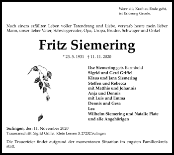 Traueranzeige von Fritz Siemering von SYK