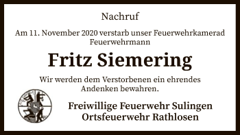 Traueranzeige von Fritz Siemering von SYK
