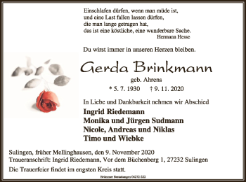 Traueranzeige von Gerda Brinkmann von SYK