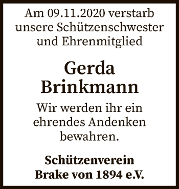 Traueranzeige von Gerda Brinkmann von SYK