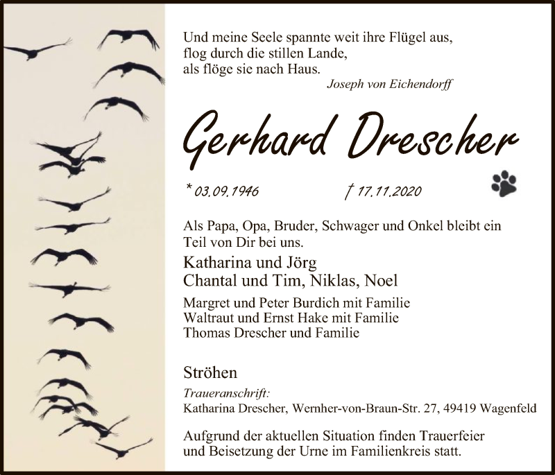  Traueranzeige für Gerhard Drescher vom 21.11.2020 aus SYK