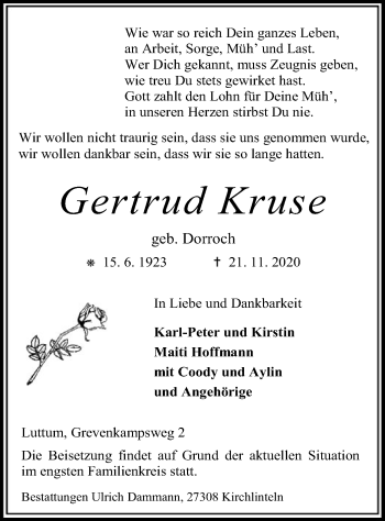 Traueranzeige von Gertrud Kruse von SYK