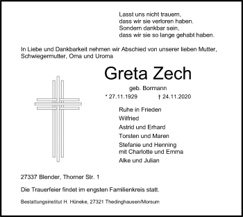 Traueranzeige von Greta Zech von SYK