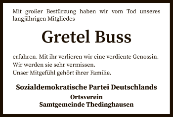 Traueranzeige von Gretel Buss von SYK