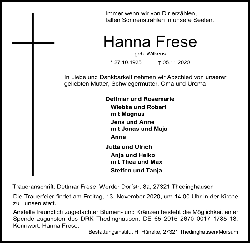  Traueranzeige für Hanna Frese vom 10.11.2020 aus SYK