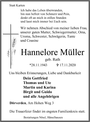 Traueranzeige von Hannelore Müller von SYK