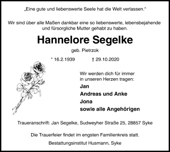 Traueranzeige von Hannelore Segelke von SYK