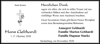 Traueranzeige von Hans Gebhardi von SYK