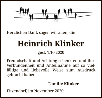 Traueranzeige von Heinrich Klinker von SYK