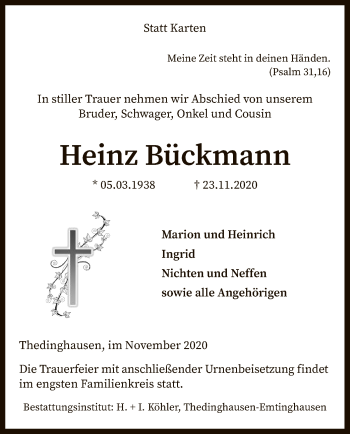 Traueranzeige von Heinz Bückmann von SYK