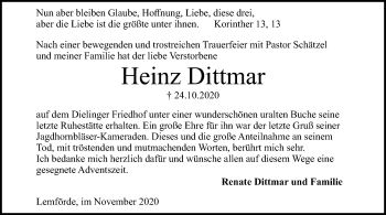 Traueranzeige von Heinz Dittmar von SYK